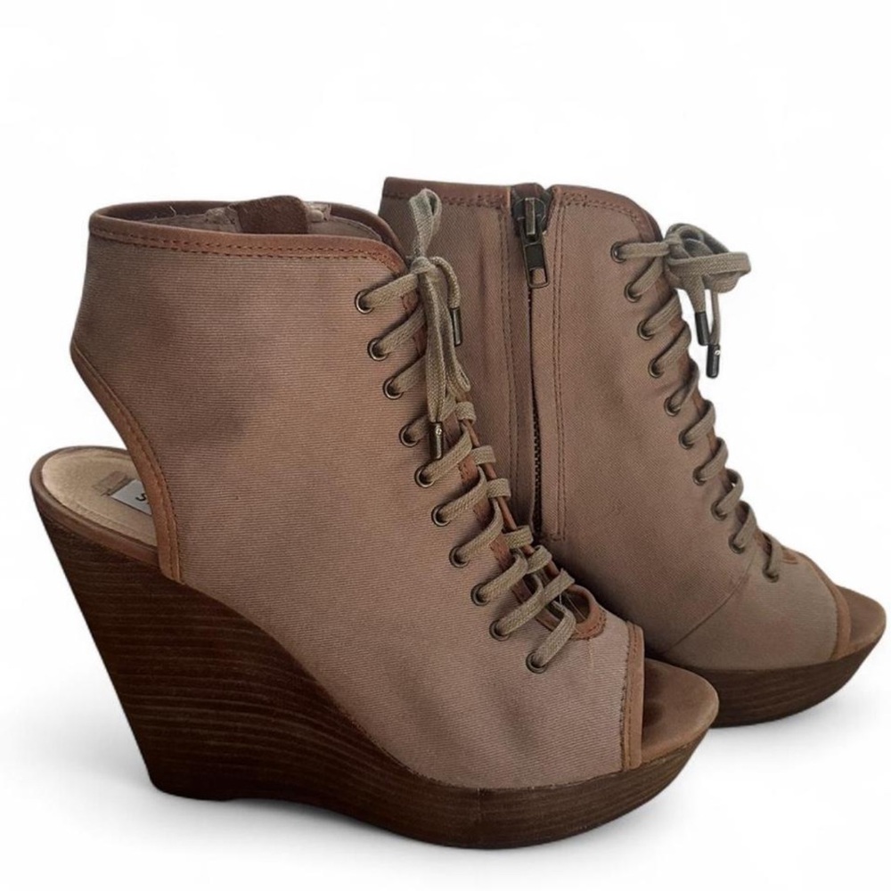 Steve Madden Tan Peep-Toe Wedge Booties